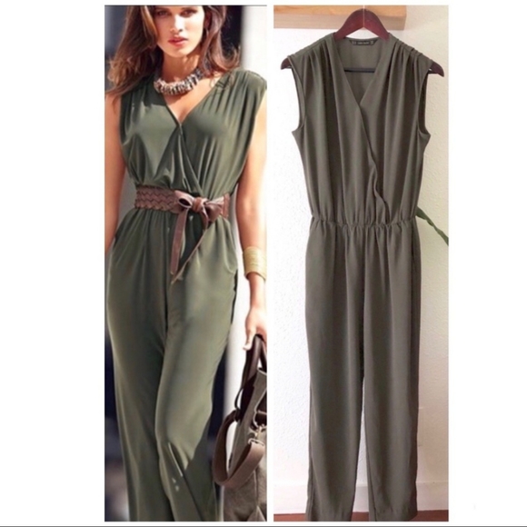 Zara Olive Green Sleeveless Jumpsuit 